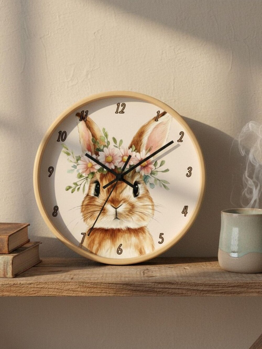 Rabbit Wall Clock, Floral Watercolor Bunny with 100% Wood Frame, 10-Inch Square